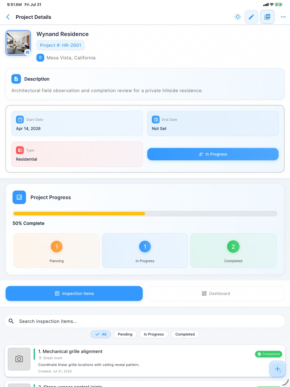 Inspectr+ project details and inspection progress on iPad