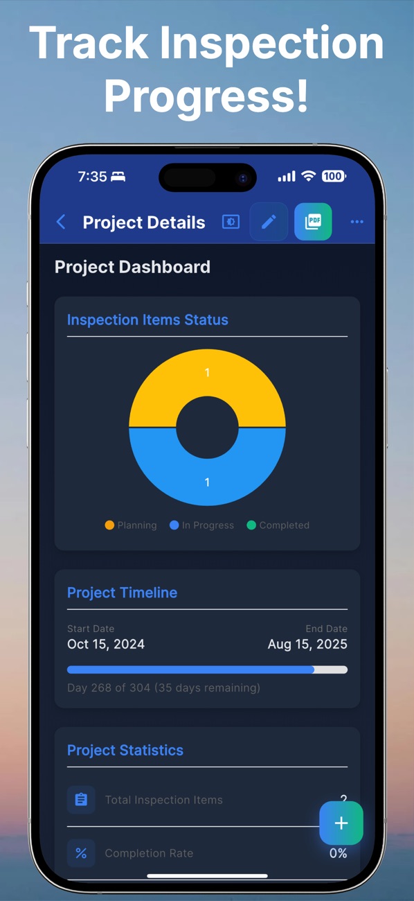 Inspectr+ project progress dashboard
